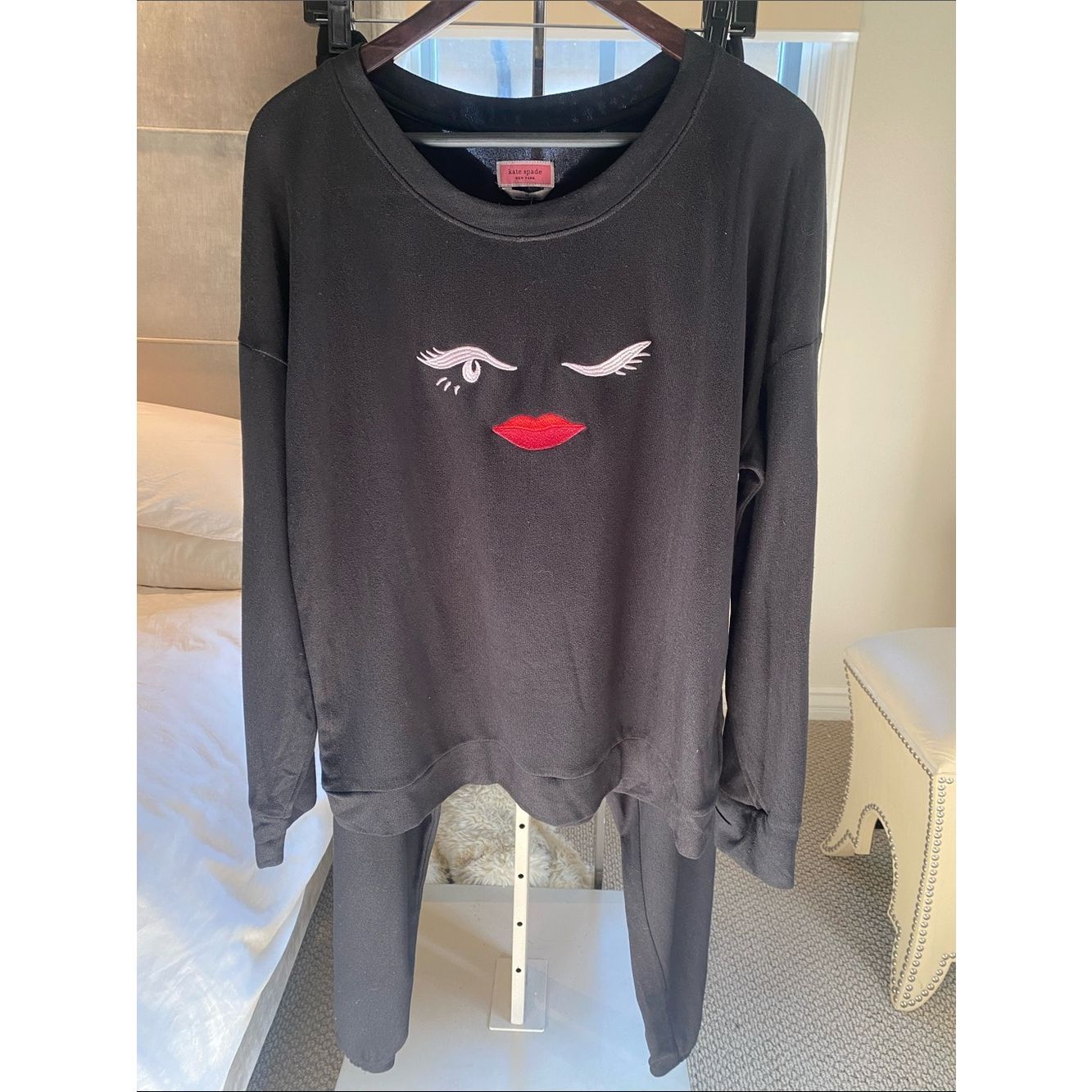 Kate Spade Black Sweatshirt With Embroidered Wink Face And Red Lips And Pant.